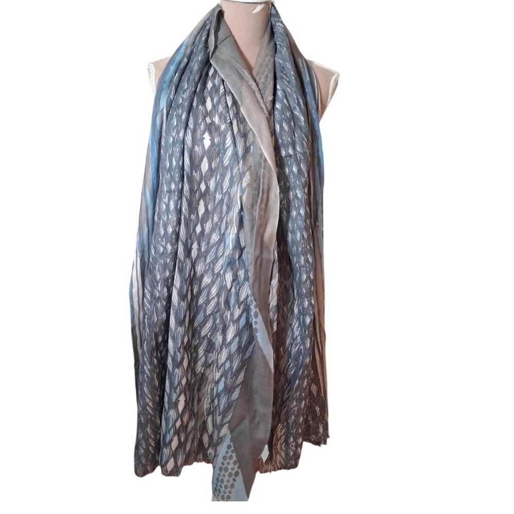 Kinross Cashmere Blue Grey Abstract Print Lightweight Knit Scarf Wrap Flaw- READ